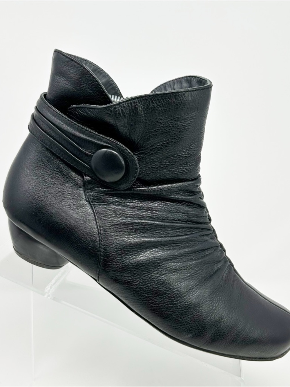 Ziera Womens Ankle Booties Black Side Zip Ruched Strap Button Low Heel Size 39